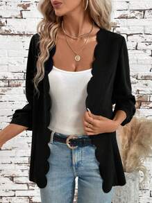 SHEIN Clasi Women's Elegant Black Back To School Clothes Fall Women Clothes Old Money Style Teacher Clothes Jacket With Scallop Edges,Ladies Spring/Fall Casual Scallop Regular Sleeve Regular Fit Black Plain Women Coats,Casual Daily Wear