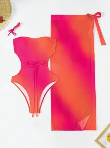 Swim Vcay Women's One-Piece 2pcs Random Printed Swimsuit With Strapless Backless Tie-Up Skirt And Front Slit Summer - Multicolor - View 4