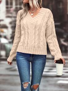 SHEIN LUNE Jersey informal grueso y cálido de mujer con cuello en V y retorcido, de calidad premium mejorada, color albaricoque - Albaricoque - Ver 5