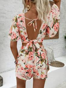 Breezaya Backless Bow Tie Band Short Sleeve Blouse With Ruffled Floral Print & Elastic Waistband Shorts With Floral Print 2pcs Holiday/Casual Summer Set - Dusty Pink - View 1