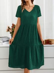 EMERY ROSE Summer Countryside Vacation V-Neck Short Sleeve Women's Dress - Dark Green - View 3