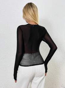 SHEIN EZwear 女性休閒純色薄針織上衣，常規長袖，圓領線條感