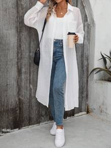 SHEIN LUNE Dames casual dagelijks lang wit overhemd met gestructureerde effen kleur