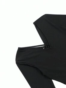 Eilly Bazar 女式简约印花交叉系带长袖连衣裙 - 黑色 - 查看 4