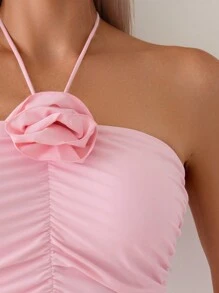 SHEIN Swim Women's Summer Beach Pink Solid Color Sleeveless Tankini With 3D Flower Decorated Ruffles And Halter Neck Design - Yellow - View 5