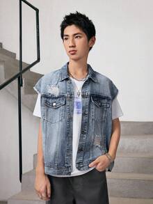 青少年男孩丹寧夾克，休閒時尚破洞洗水牛仔背心 - 中等水洗藍 - 查看 8