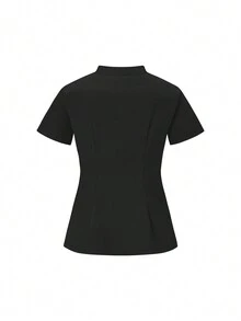 SHEIN TaskFit Ensemble uniforme de pantalon long et chemise à manches courtes simple de couleur unie pour grande taille, à zip au col, uniforme et blouse pour grande taille - Noir - Voir 4