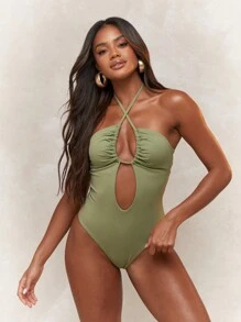 MISSGUIDED 泽西交叉吊带低胸褶皱连体泳衣夏季 - 軍綠色 - 查看 4