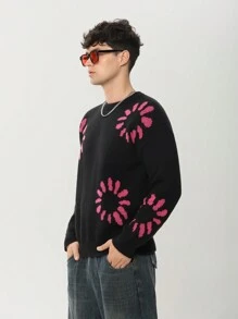 Pulover casual pentru bărbați, cu gât rotund, cu imprimeu floral, cu mânecă lungă