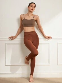 SHEIN Sports Solid Seamless Cami Sports Bra - Brown - View 3