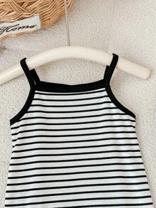 Babygirl Cute Minimalist Striped Patchwork Fitted Mid-Length Camisole Dress, Summer - Black - View 3