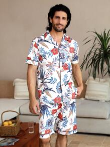 Manfinity ChillVibe Conjunto de ropa de hogar de verano para hombre con estampado floral de manga corta y pantalones cortos