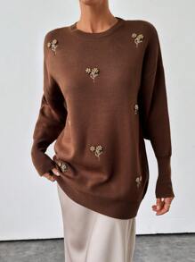 EURMUSE Women's Casual Knitted Sweater With Studs & Embroidery Decoration, Spring & Autumn - Brown - View 4