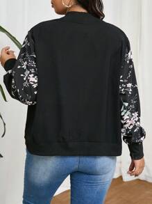 SHEIN Frenchy 大尺碼拉鍊設計休閒印花袖口拼接色塊棒球外套 - 黑色 - 查看 2