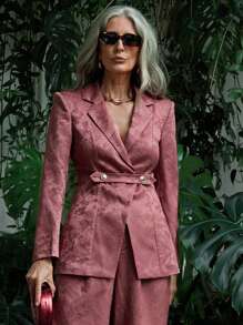 SHEIN LUNE 花卉提花双排扣日常西装外套 - 紅色 - 查看 1