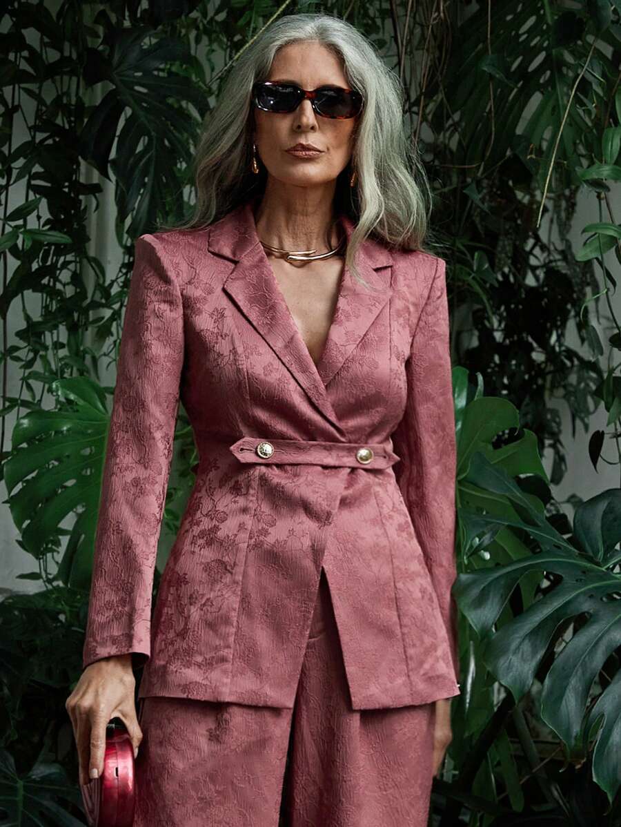 SHEIN LUNE 花卉提花双排扣日常西装外套 - 紅色 - 查看 1