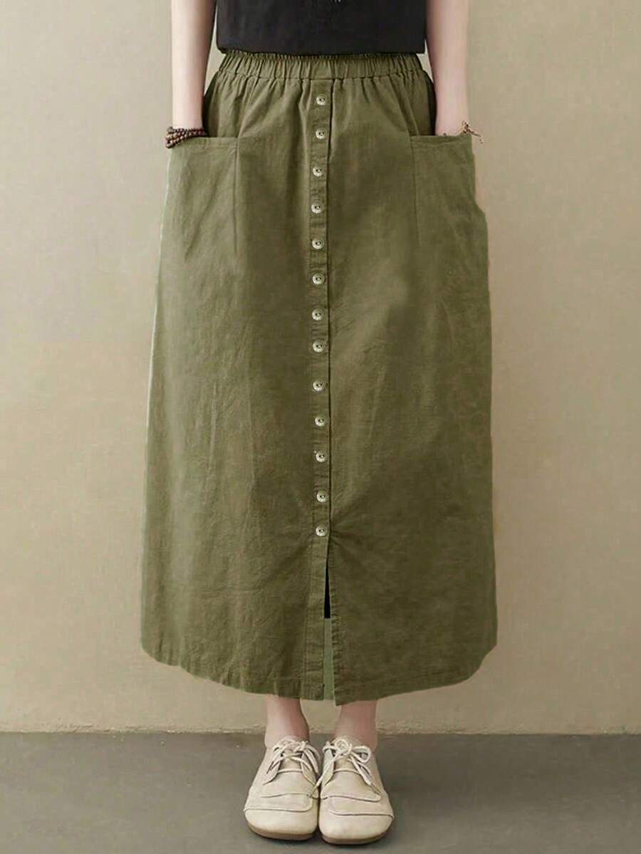 Chân váy nữ màu trơn, cạp chun co giãn, có túi, thích hợp cho mùa hè, xuân. - xanh quân đội - Xem 1