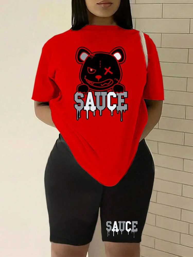 Plus Size Women's Cartoon Bear & Letter Print Round Neck Short Sleeve Casual T-Shirt And Shorts Summer Set