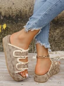 Women's Fashionable Buckle Strap European & American Style Lightweight Non-Slip Fabric Beach Platform Sandals
