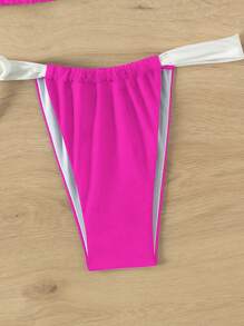 SHEIN Swim Bộ bikini dây đeo màu sắc tương phản đi biển mùa hè dành cho nữ - Màu Hồng Tươi - Xem 4