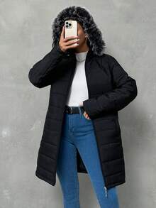 SHEIN Tall معطف شتوي بجيوب مائلة بحجم طويل، قلنسوة بطبقة الفرو، حزام مرن مع إبزيم معدني - الأسود - مشاهدة 5