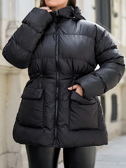 RueChic Plus Size Women's Flap Pocket Zip Up Puffer Coat