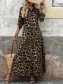 EMERY ROSE 豹纹衬衫领前开衩下摆连衣裙度假长款女装 - 彩色 - 查看 1
