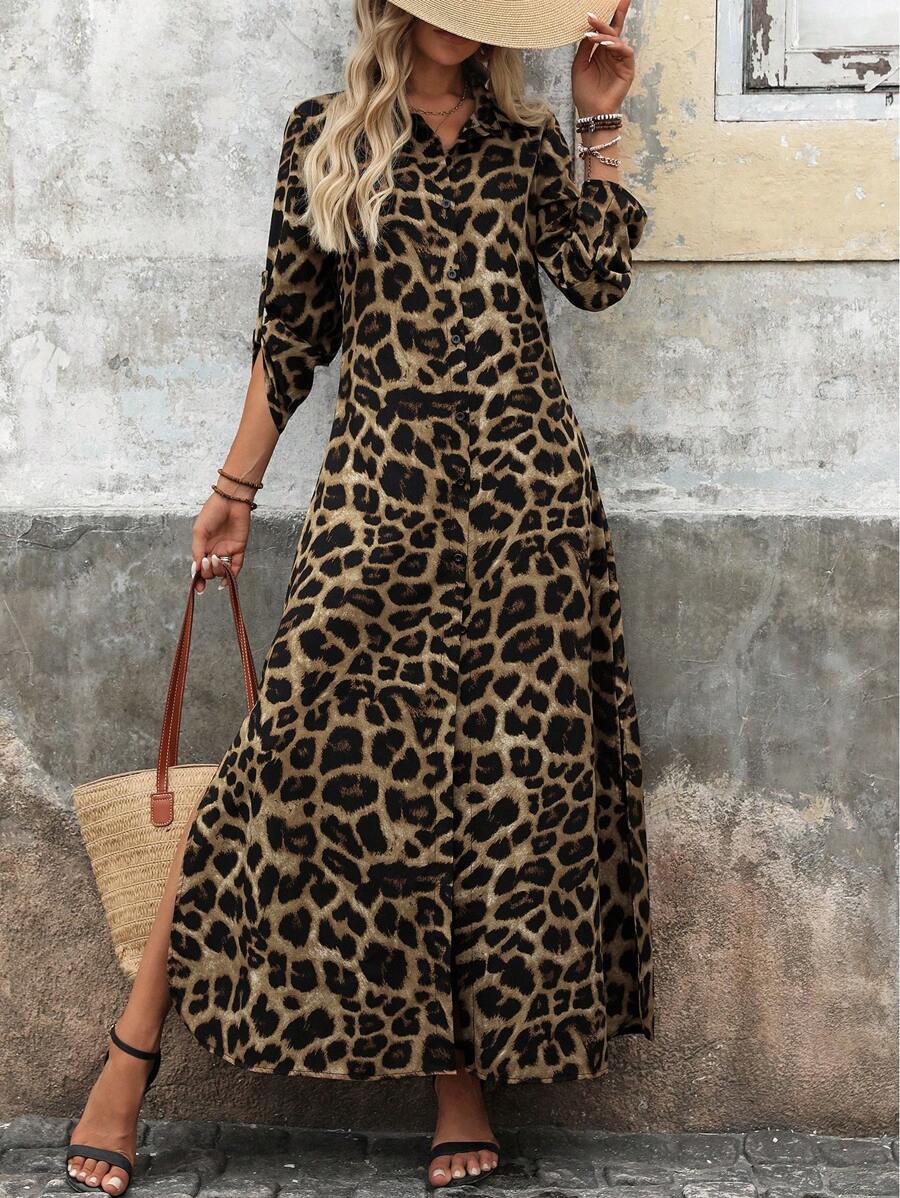 EMERY ROSE 豹纹衬衫领前开衩下摆连衣裙度假长款女装 - 彩色 - 查看 1