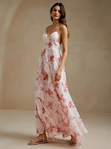 Anewsta Floral Print Sexy Backless Spaghetti Strap Dress With Ruffle Trim - White - View 4