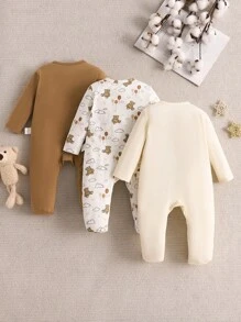 SHEIN 3pcs Baby Boy Cute Bear Pattern Long Sleeve Button-Up Footie Pajama, Knitted, Comfortable And Soft Skin Graphic - Khaki - View 2