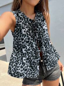 SHEIN EZwear Camiseta de muñeca sin mangas tejida casual con estampado de leopardo para verano - Gris - Ver 1