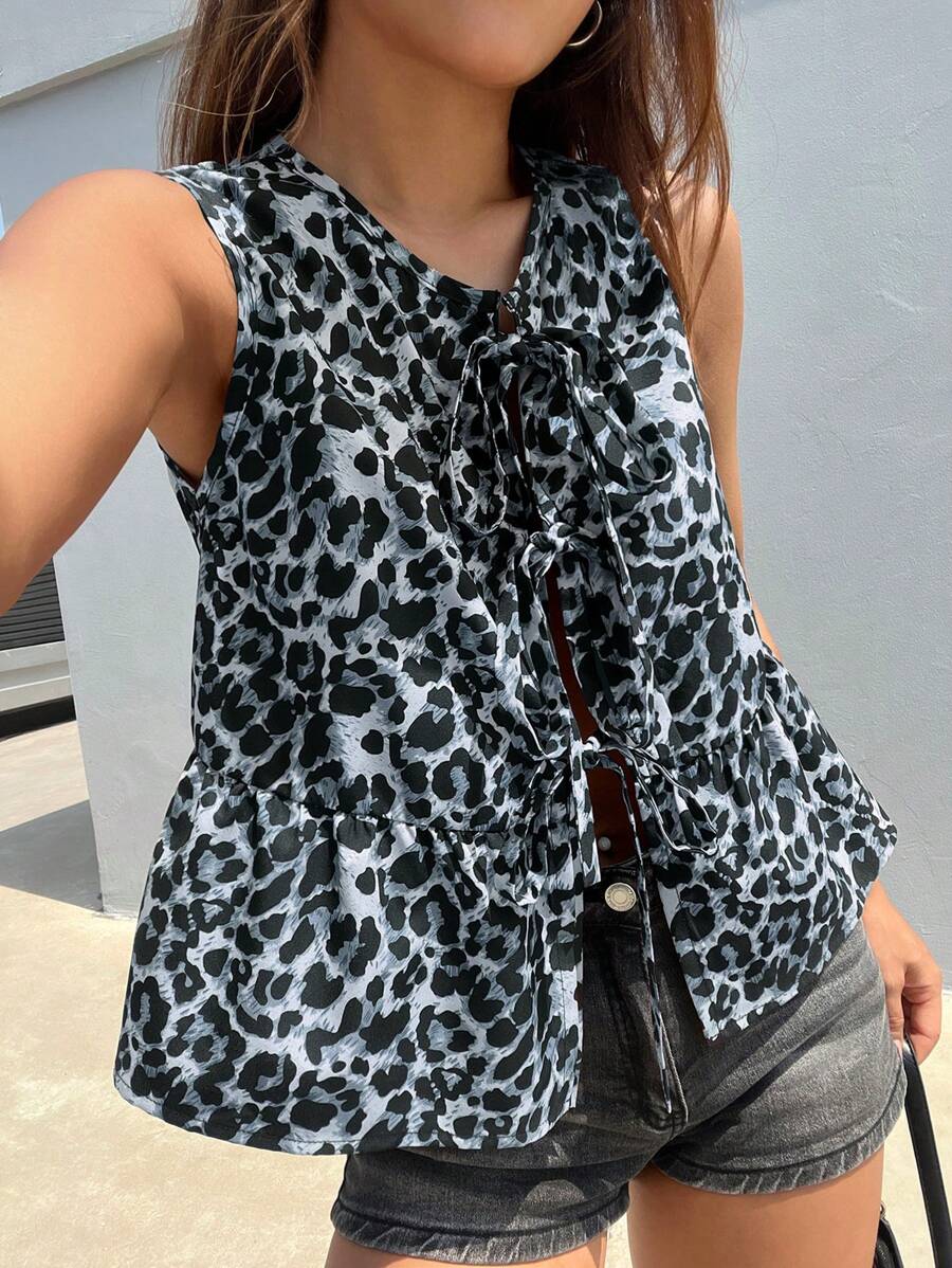 SHEIN EZwear 夏季休閒針織豹紋無袖娃娃襯衫 - 灰色 - 查看 1