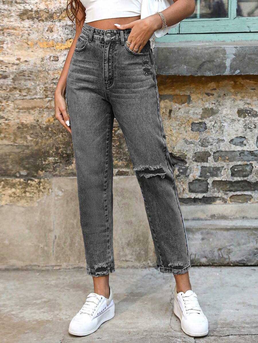 EMERY ROSE Zipper Fly High Waist Ripped Jeans Winter Casual - Grey - View 1