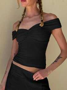 Mystra Damen einfarbiges minimalistisches V-Ausschnitt Off-Shoulder Top für den täglichen Gebrauch