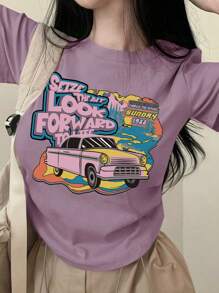 DAZY 女式夏季休闲 T 恤，带汽车和标语印花，短袖，圆领图案 T 恤，教师服装 - 紫色 - 查看 1