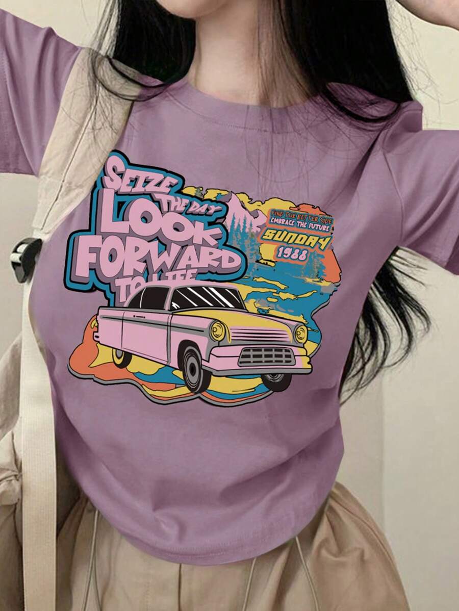 DAZY 女式夏季休闲 T 恤，带汽车和标语印花，短袖，圆领图案 T 恤，教师服装 - 紫色 - 查看 1