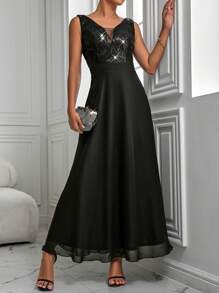SHEIN Belle Contrast Sequin Mesh Insert Bridesmaid Dress - Black - View 3