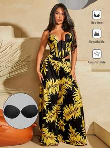 SHEIN SXY Vacation Plant Print Bodice Top And Extra Long Swing Pants Two-Piece Set - Multicolor - View 1