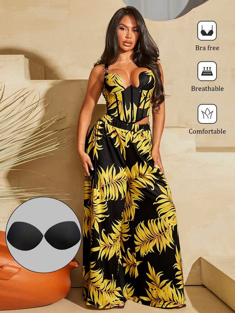 Vacation Plant Print Bodice Top And Extra Long Swing Pants Two-Piece Set