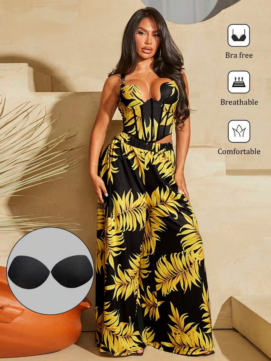 SHEIN SXY Vacation Plant Print Bodice Top And Extra Long Swing Pants Two-Piece Set - Multicolor - View 1