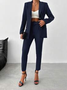 EURMUSE Ladies' Solid Color Suit With Lapel Collar Jacket And Pants - Navy Blue - View 1