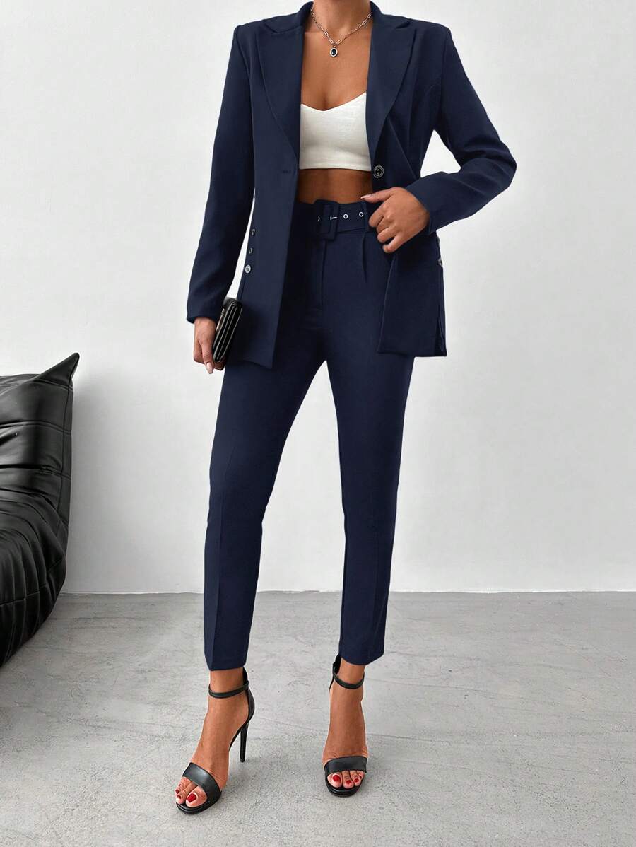 EURMUSE Ladies' Solid Color Suit With Lapel Collar Jacket And Pants - Navy Blue - View 1