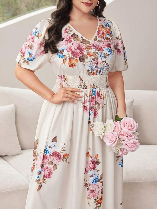 Mulvari Plus V-Neck Floral Print Puff Sleeve Dress For Dailywear