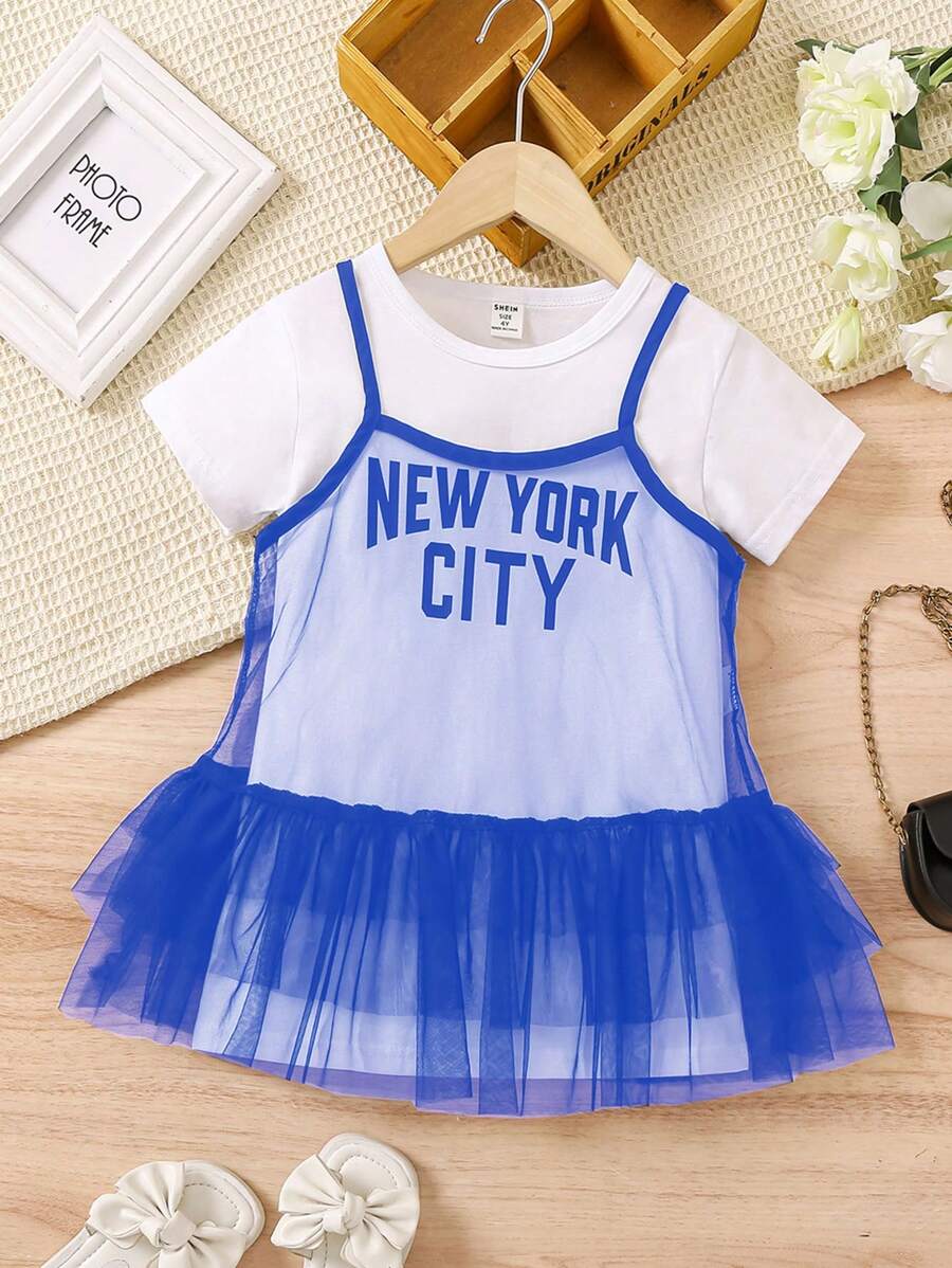 SHEIN Young Girl Warm Vacation Letter Print Short Sleeve Dress And Mesh Ruffle Trim Decorated Spaghetti Strap Dress