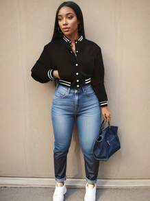 Áo khoác nữ trơn kiểu dáng châu Âu và Mỹ mùa xuân/thu, áo khoác bóng chày một hàng cúc, áo khoác thể thao màu đen thường ngày. - màu đen - Xem 1