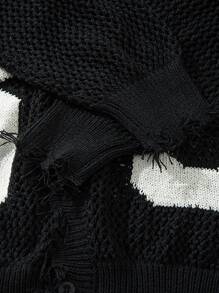 Giacca a maglia stile universitario unisex, nuova collezione autunno/inverno, con intarsio numerico, frange consumate e apertura anteriore - nero - Visualizzare 7