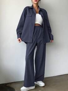 DAZY 2pcs/Set Women Business Casual Solid Color Shirt And Pants Suit,Fall Clothes