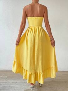 Allurite Ladies' Asymmetrical Ruffled Hem & Ruched Strapless Vacation Casual Dress, Yellow Women Dresses - Yellow - View 2