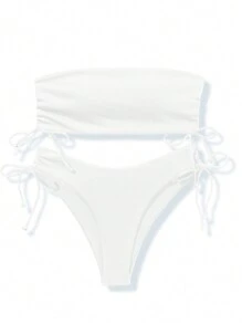 SHEIN Swim 女士純色無肩帶比基尼套裝，夏季海灘泳裝 - 白色 - 查看 3