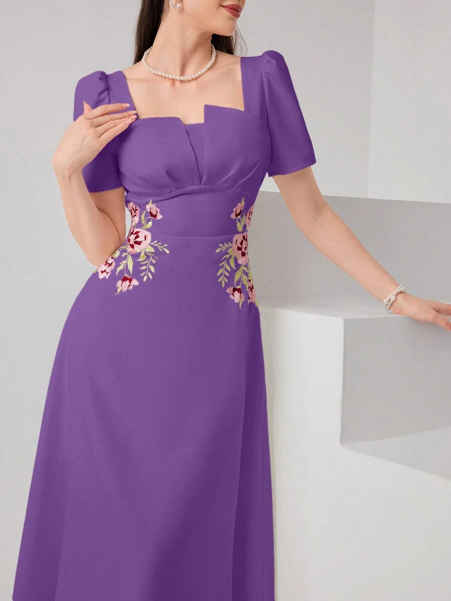 Modelyn 花卉刺绣泡泡袖优雅长裙长款晚礼服